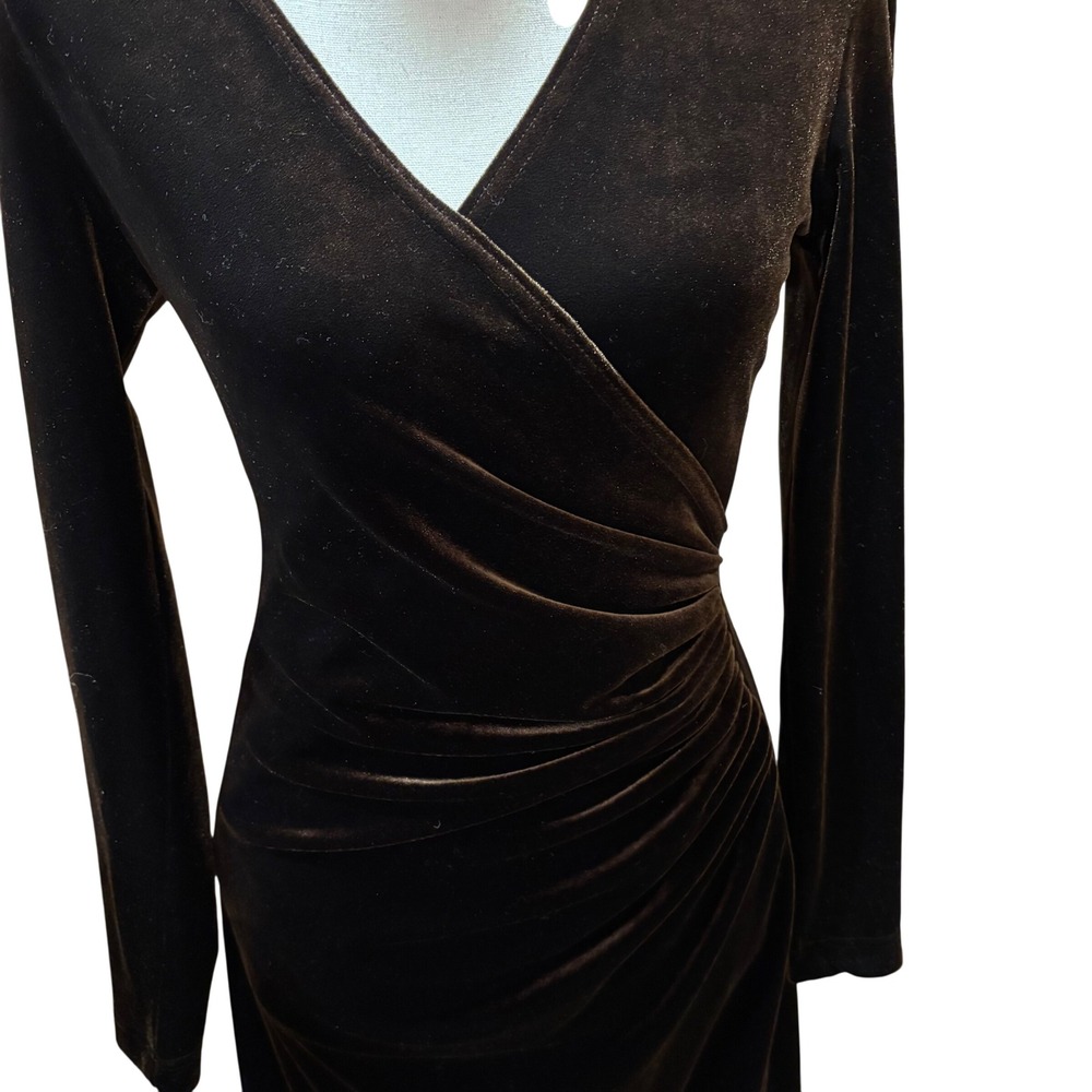 Tadashi Shoji Velvet Brown Ruched Wrap Dress Long Sleeve Stretchy‎ 
Midi XS - Picture 5 of 14